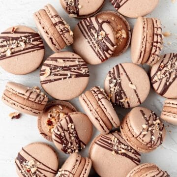 close up of chocolate hazelnut macarons with nutella buttercream