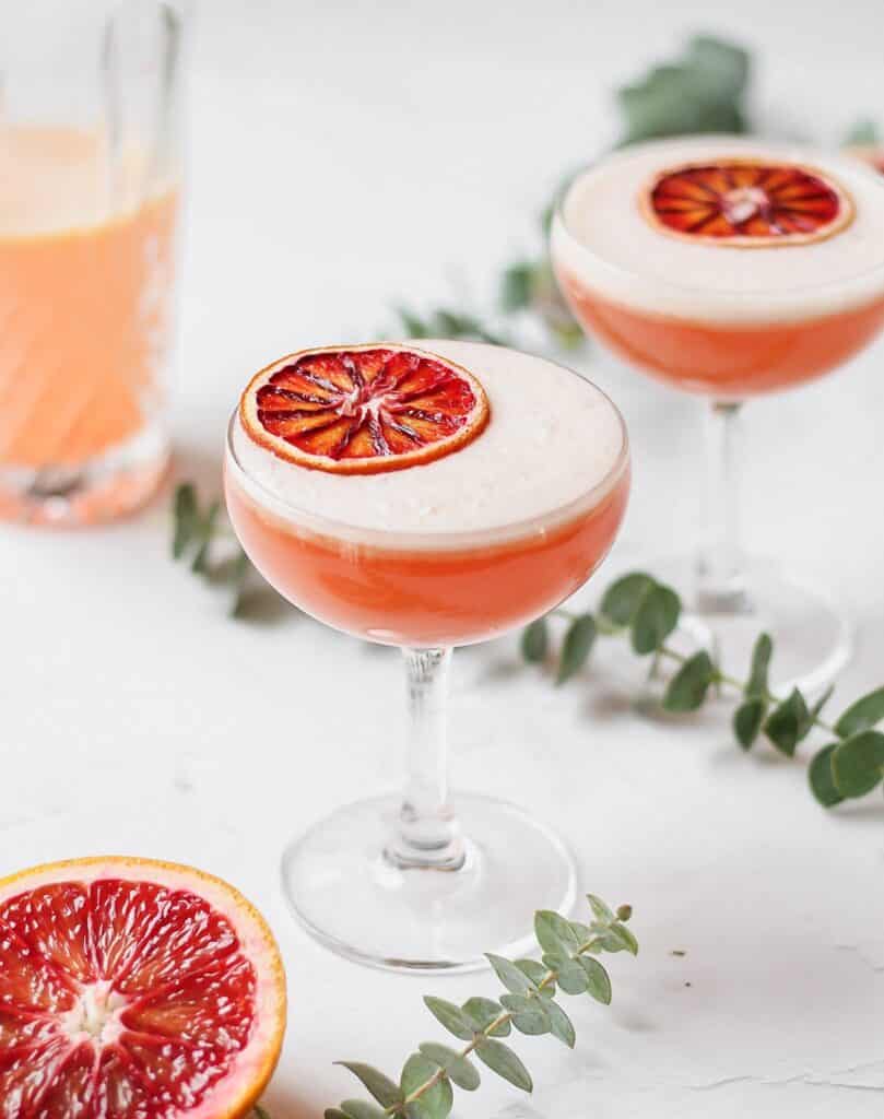 blood orange vodka sour with dehydrated orange slice
