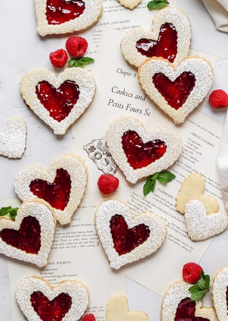 heart shaped raspberry linzer cookies