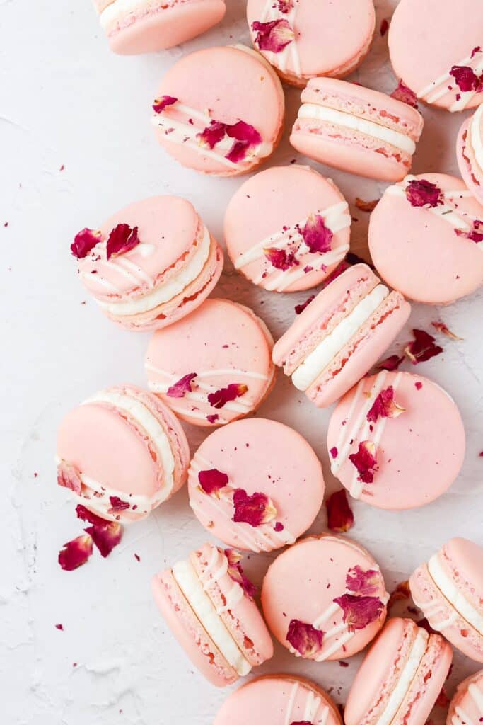 white chocolate rose macarons