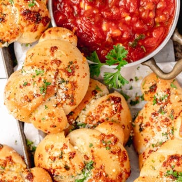 sourdough garlic knots with homemade Pomodoro sauce