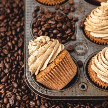 close up of espresso cupcakes with coffee beans