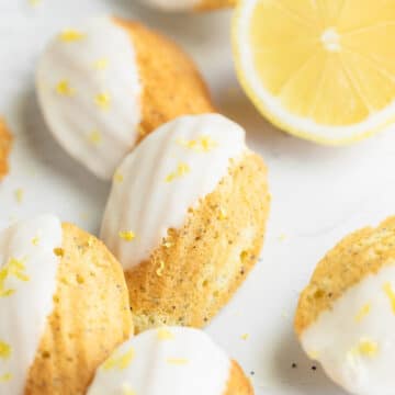 close up shot of lemon poppy seed madeleines