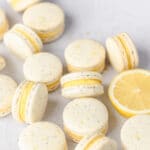 close up shot of lemon poppy seed macarons