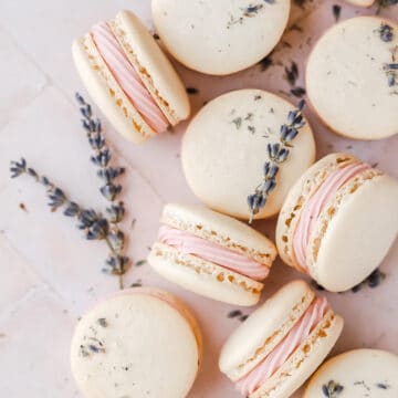 close up shot of blackberry lavender macarons