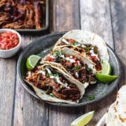 chipotle beer braised beef tacos close up