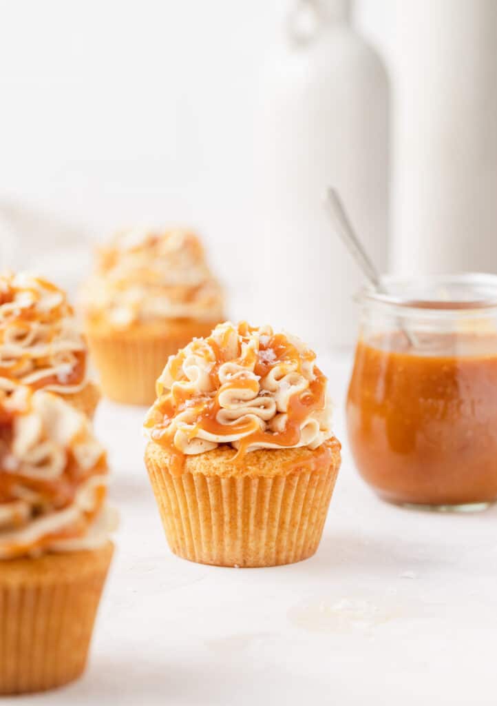close up shot of salted caramel cupcakes