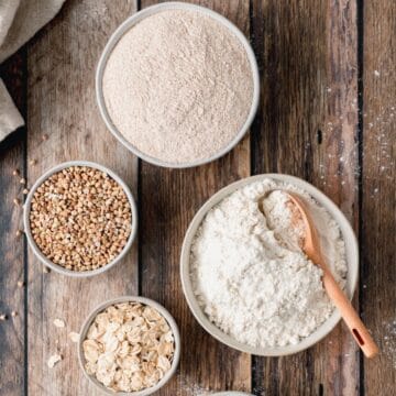 close up of flour in different bowls
