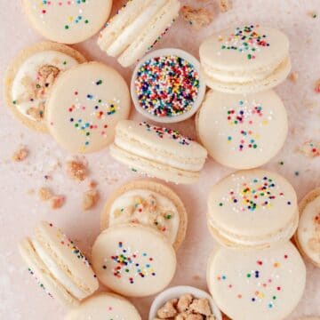 close up of birthday cake macarons