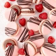 close up of chocolate raspberry macarons