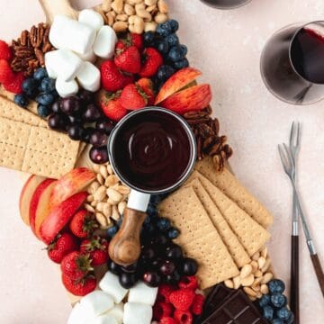 close up of dark chocolate fondue board