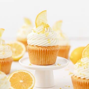 close up of meyer lemon cupcakes with candied lemons.