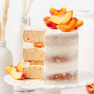 close up of brown butter peach layer cake