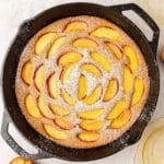 close up of brown butter peach skillet cake