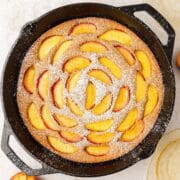 close up of brown butter peach skillet cake