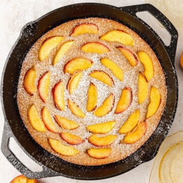 close up of brown butter peach skillet cake