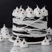 close up of black cocoa halloween cake with spider webs and ghosts