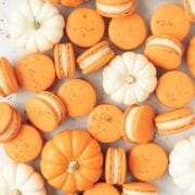 close up of pumpkin spice macarons