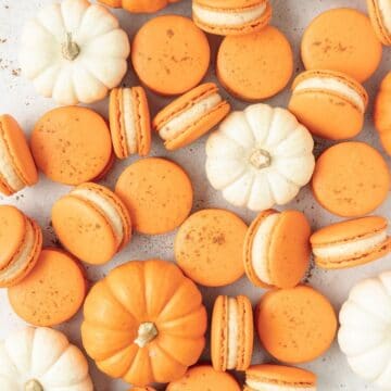 close up of pumpkin spice macarons