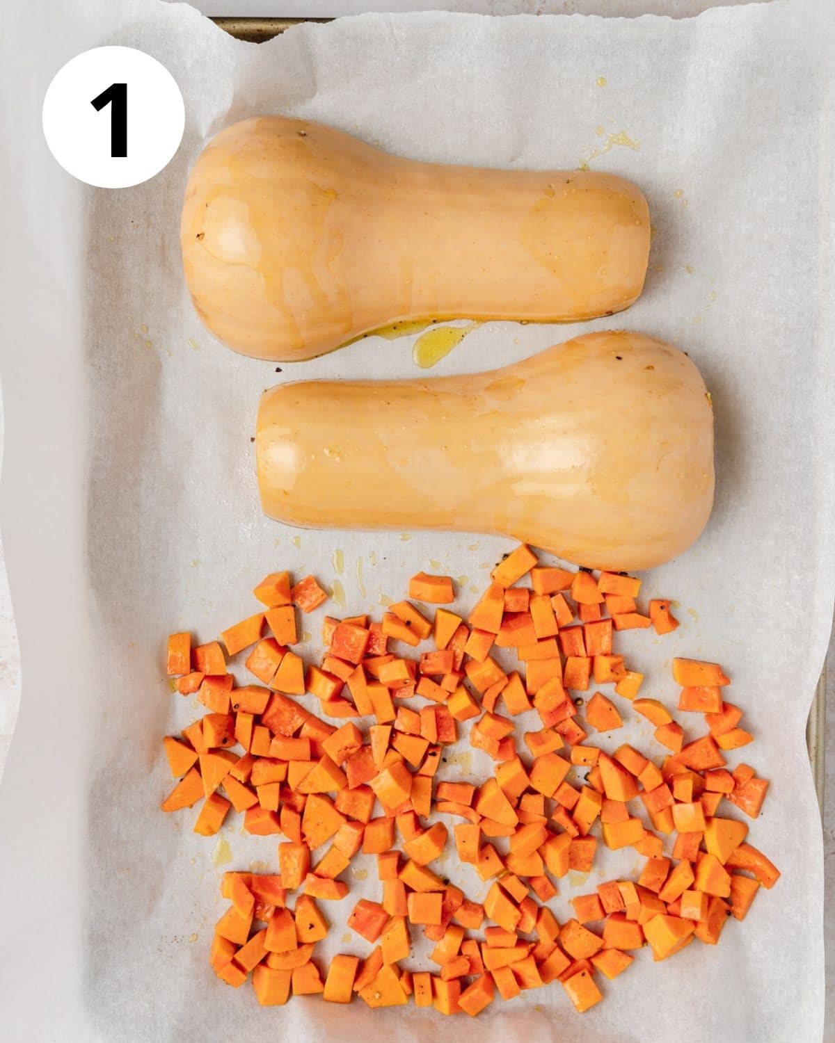 butternut squash and honeynut squash on baking sheet