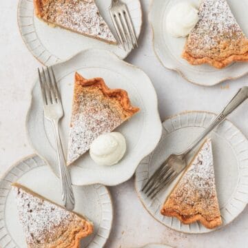close up of slices of brown butter bourbon chess pie