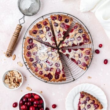 close up of cranberry almond frangipane tart