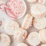 close up of peppermint white chocolate macarons