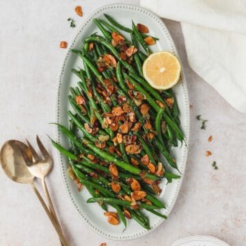 close up of green beans almondine