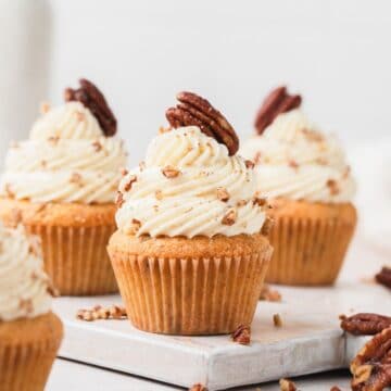 super close up of brown butter pecan cupcakes