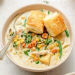 close up of chicken pot pie soup with puff pastry bites
