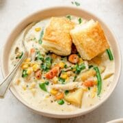 close up of chicken pot pie soup with puff pastry bites