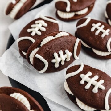 close up of football shaped whoopie pies