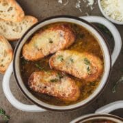 super close up of french onion soup