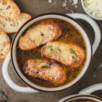 super close up of french onion soup