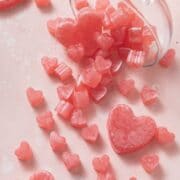 close up of heart shaped rose gummies