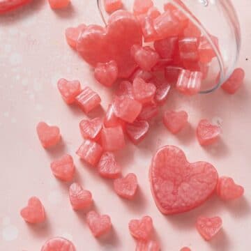 close up of heart shaped rose gummies