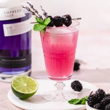 close up of blackberry lavender london mule cocktail with empress gin.