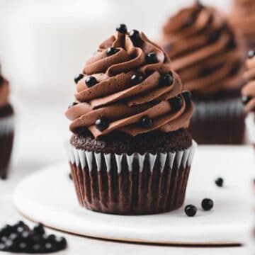 close up of chocolate fudge cupcakes