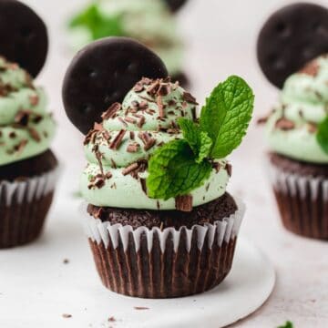 close up of mint chocolate cupcakes.
