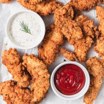 close up of buttermilk fried chicken tenders.