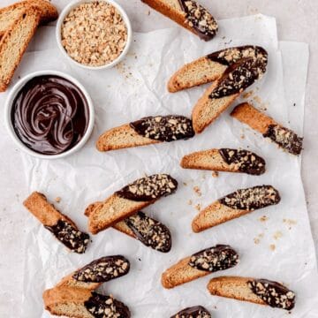 close up of chocolate dipped hazelnut biscotti.