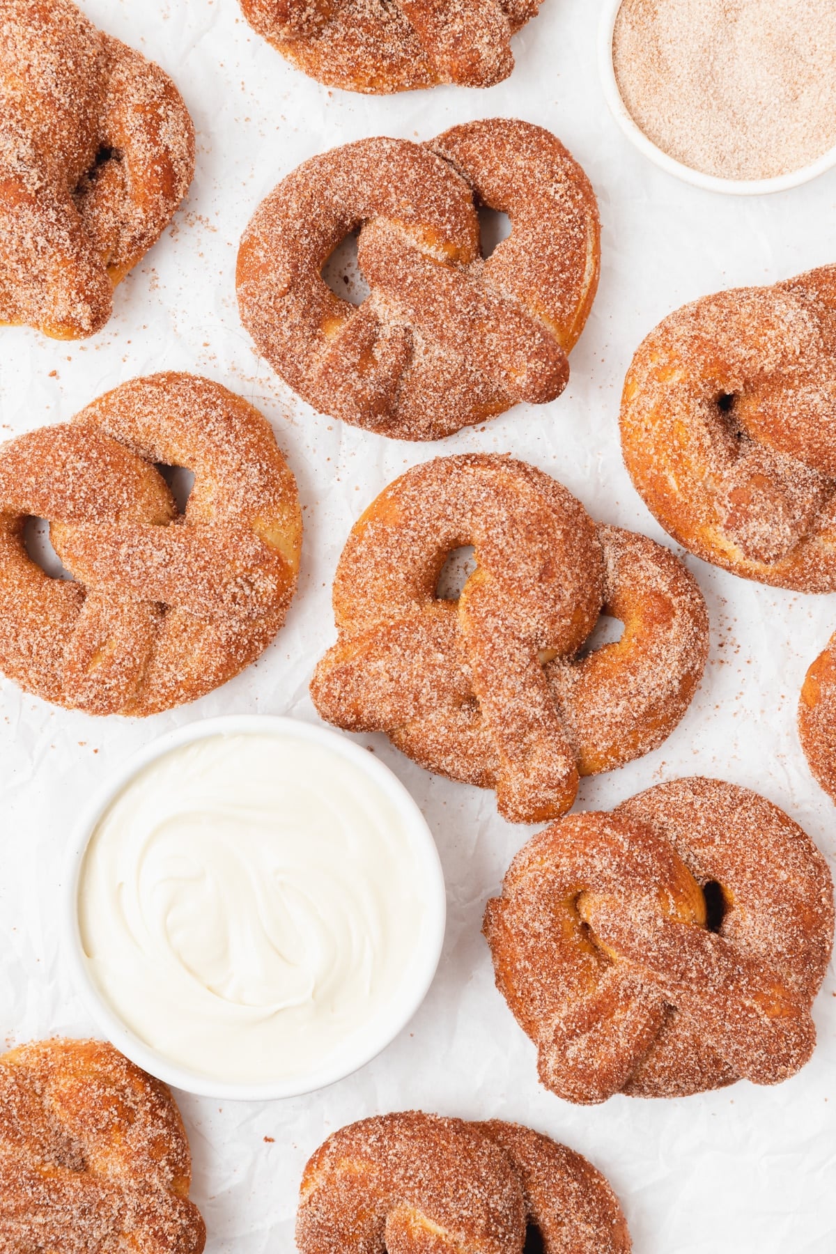 cinnamon sugar soft pretzels with cream cheese dip.