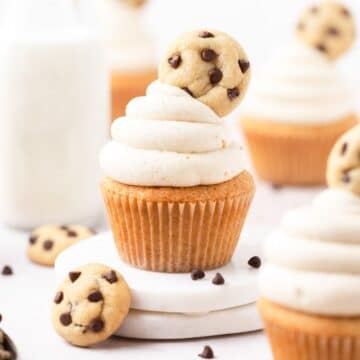 close up of brown butter cookie dough cupcakes with edible cookie dough.