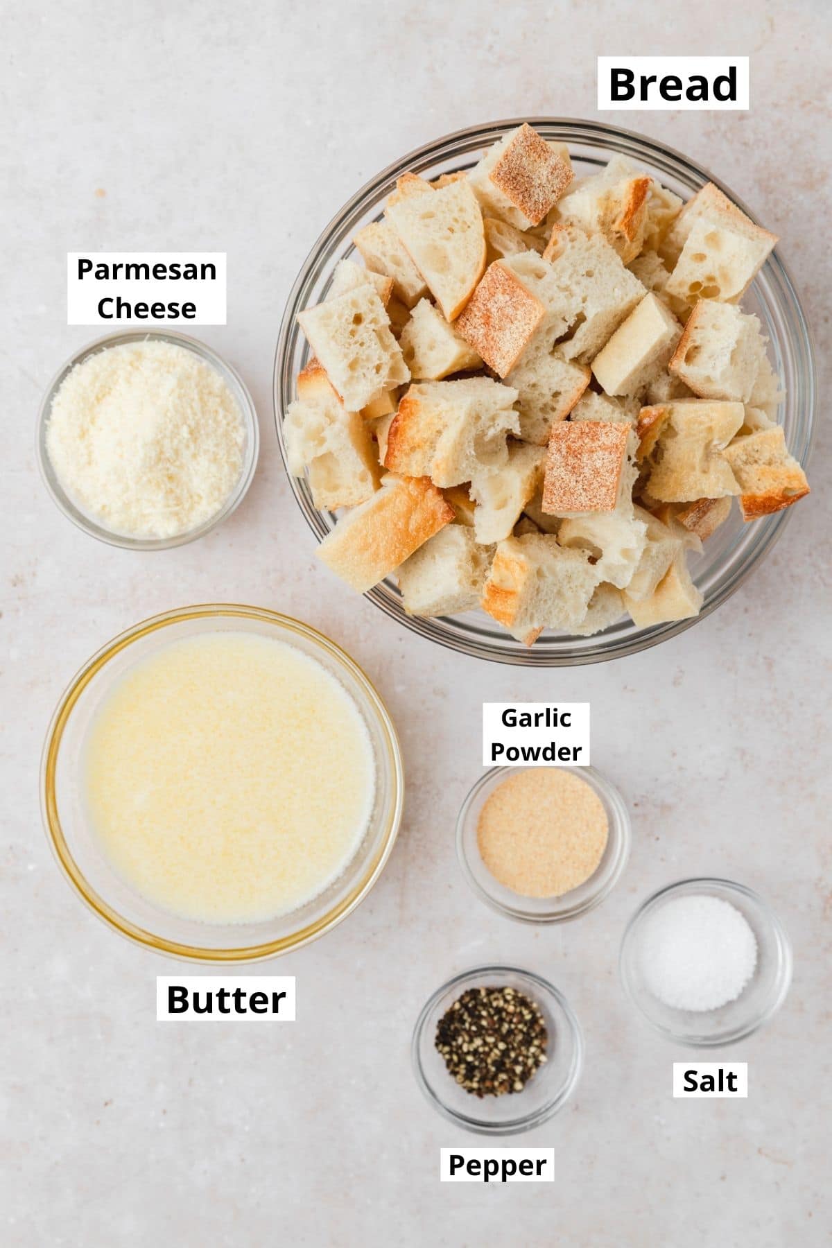 labeled shot of ingredients for homemade croutons.