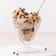 close up of edible chocolate chip cookie dough.