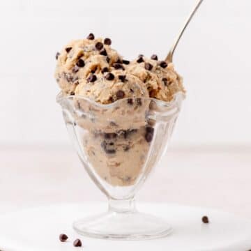close up of edible chocolate chip cookie dough.
