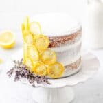 close up of lemon lavender layer cake.