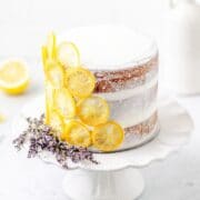 close up of lemon lavender layer cake.