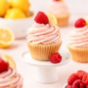 close up of raspberry lemon cupcakes with mascarpone frosting.