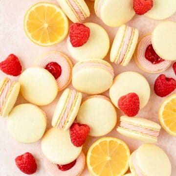 close up of raspberry lemon macarons.